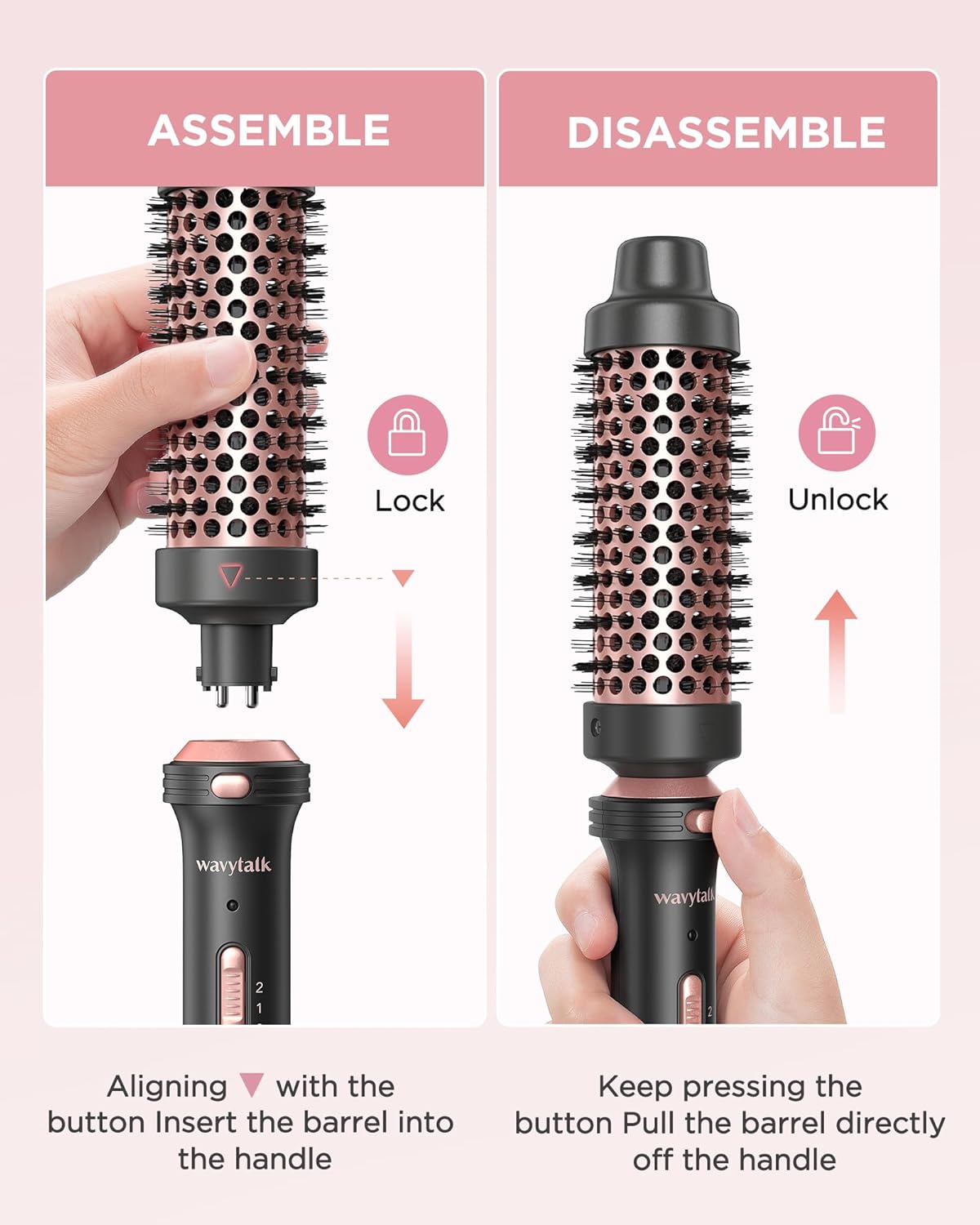 Wavytalk Thermal Brush, Heated Round Brush, 1 1/2 inch Thermal Brush Blowout Look with Detachable Brush Head, Thermal Round Brush Dual Voltage for Travel, Rose Gold - Color Rose Gold