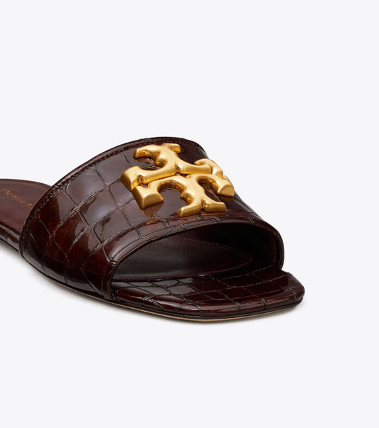 TORY BURCH Brown Croc/ Gold Leather Eleanor Slide Flats