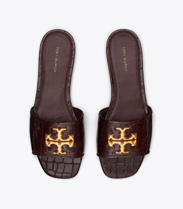 TORY BURCH Brown Croc/ Gold Leather Eleanor Slide Flats