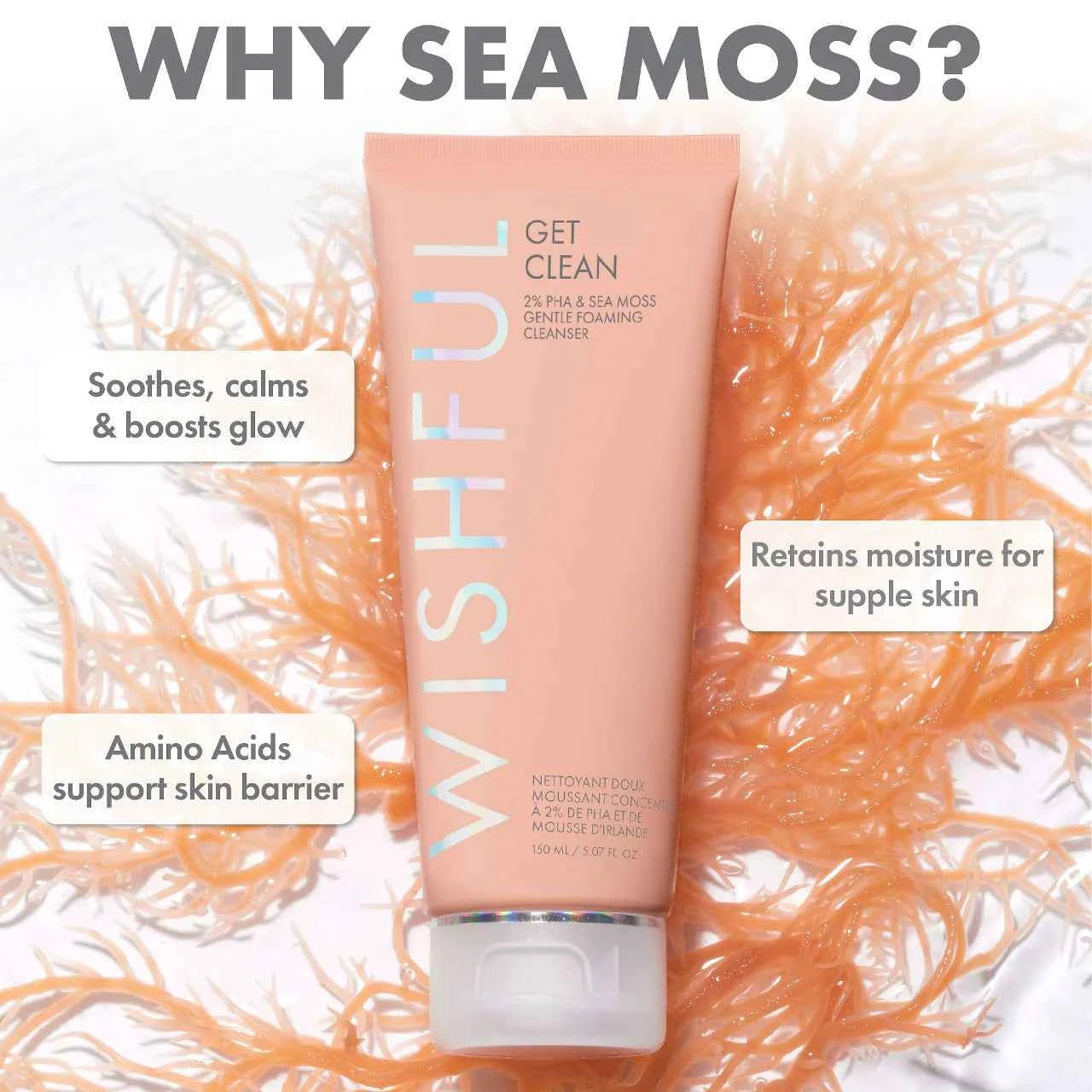 Huda Beauty Wishful Get Clean 2% PHA & Sea Moss Gentle Foaming Cleanser-