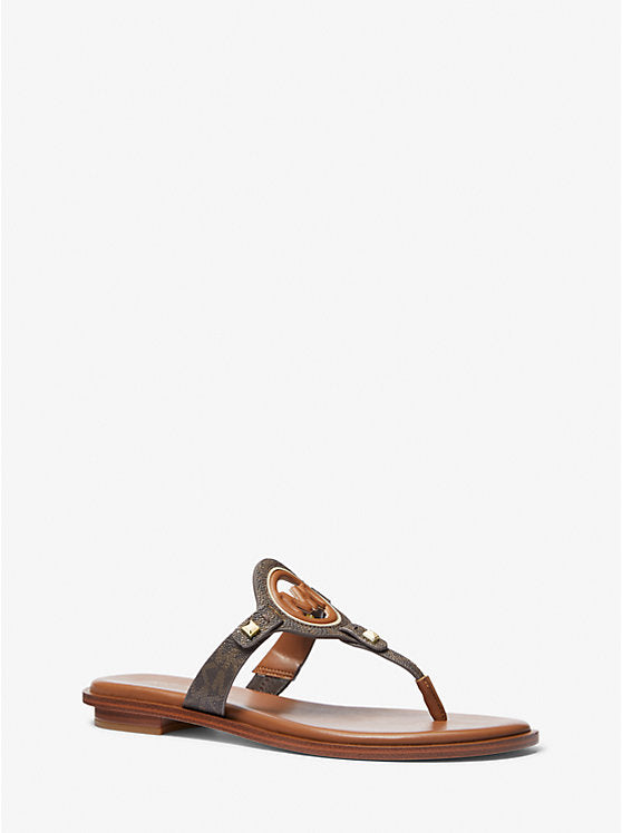 Michael Kors Aubrey Cutout Signature Logo and Leather T-Strap Sandal