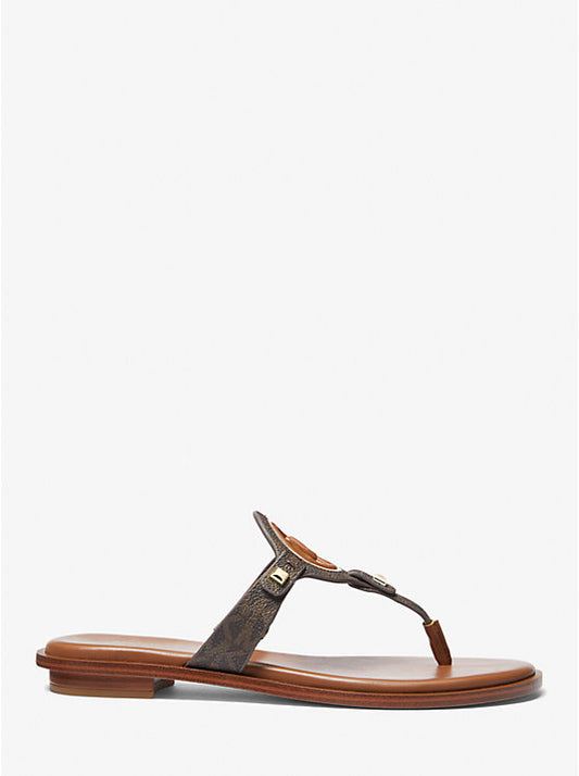 Michael Kors Aubrey Cutout Signature Logo and Leather T-Strap Sandal