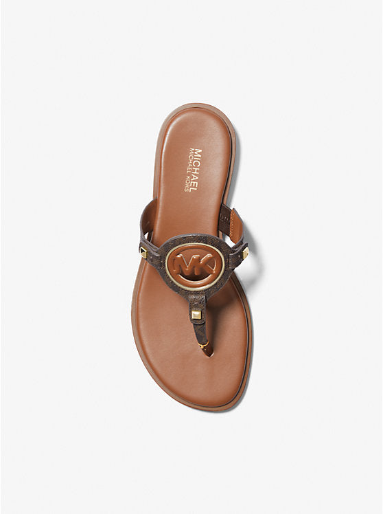 Michael Kors Aubrey Cutout Signature Logo and Leather T-Strap Sandal