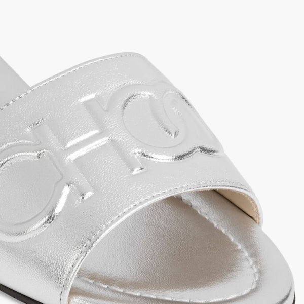 JIMMY CHOO Tiaret embossed metallic leather slides - Silver