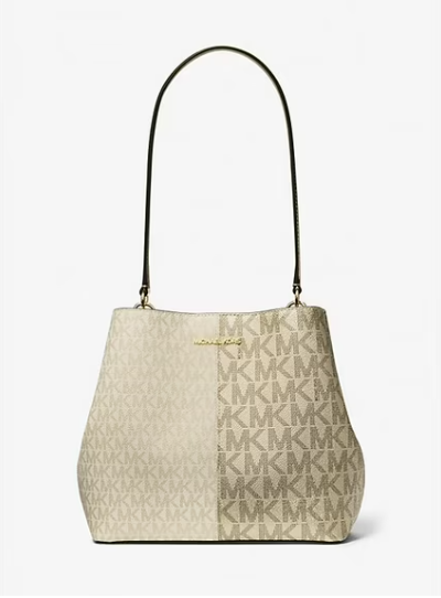 MICHAEL KORS - Medium Two-Tone Metallic Signature Logo Shoulder Bag - Pale Gold