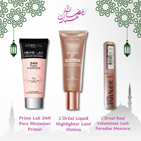 Ramadan Special: Prime Lab 24H Pore Minimizer Primer + Liquid Highlighter Lumi Glotion + L'Oreal Real Voluminous Lash Paradise Mascara