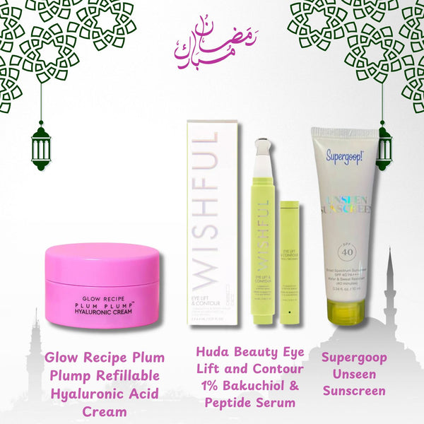 Ramadan Special: Glow Recipe Plum Plump Refillable Hyaluronic Acid Cream + Supergoop! Unseen Sunscreen + Huda Beauty Eye Lift and Contour 1% Bakuchiol & Peptide Serum