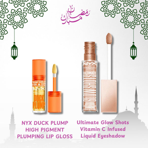 Ramadan Special: NYX DUCK PLUMP HIGH PIGMENT PLUMPING LIP GLOSS + NYX Ultimate Glow Shots Vitamin C Infused Liquid Eyeshadow