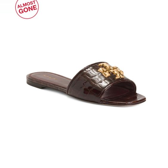 TORY BURCH Brown Croc/ Gold Leather Eleanor Slide Flats