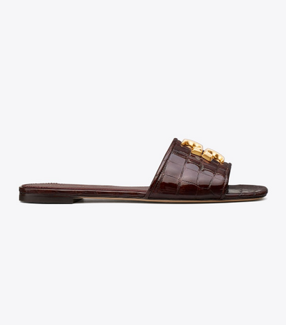 TORY BURCH Brown Croc/ Gold Leather Eleanor Slide Flats