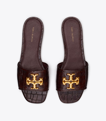 TORY BURCH Brown Croc/ Gold Leather Eleanor Slide Flats